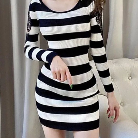 Long-Sleeve Lace Panel Striped Knit Mini Bodycon Dress - Picture 1 of 4